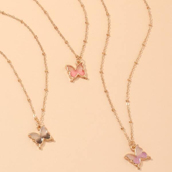

3pcs Butterfly Charm Necklace, Multicolor