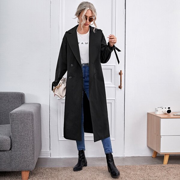 

Double Breasted Lapel Collar Knot Cuff Coat, Black