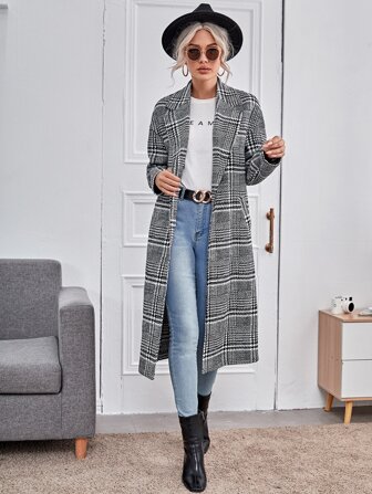 Houndstooth Print Lapel Collar Single Button Overcoat