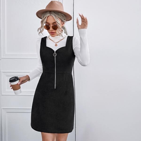 

O-ring Zipper Front Corduroy Overall Dress, Black