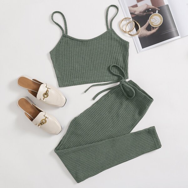 

Solid Cami Top & Knotted Waist Leggings Set, Green