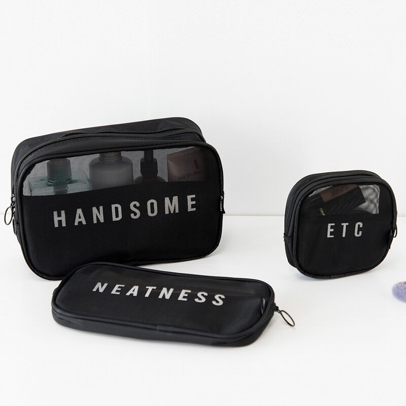 

3pcs Letter Graphic Cosmetic Storage Bag, Black