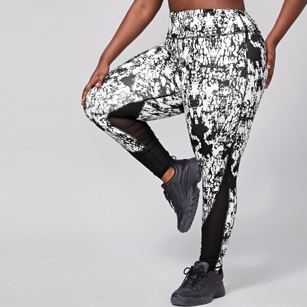 

Plus Marble Print Mesh Insert Sports Leggings, Black and white