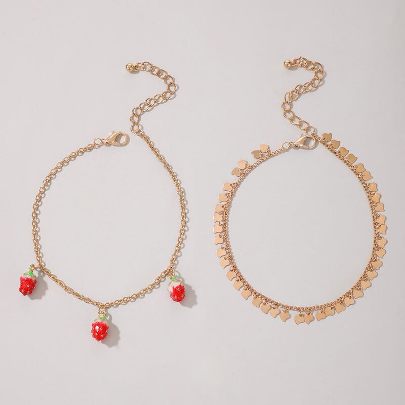 

2pcs Strawberry Decor Chain Anklet, Gold