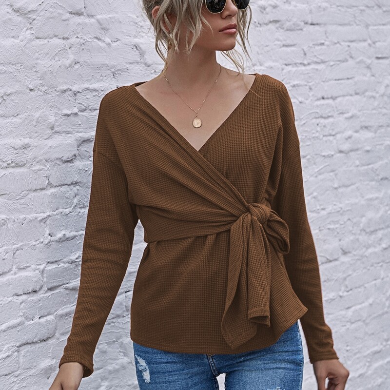 

Waffle Knit Tie Front Drop Shoulder Top, Coffee brown