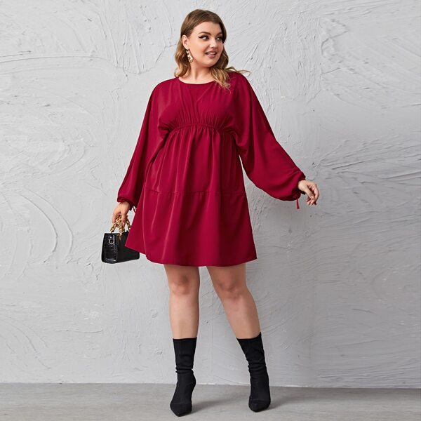 

Plus Drawstring Cuff Batwing Sleeve A-line Dress, Burgundy