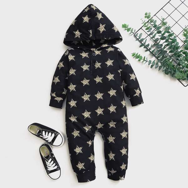 

Baby Unisex Allover Star Print Hooded Jumpsuit, Black