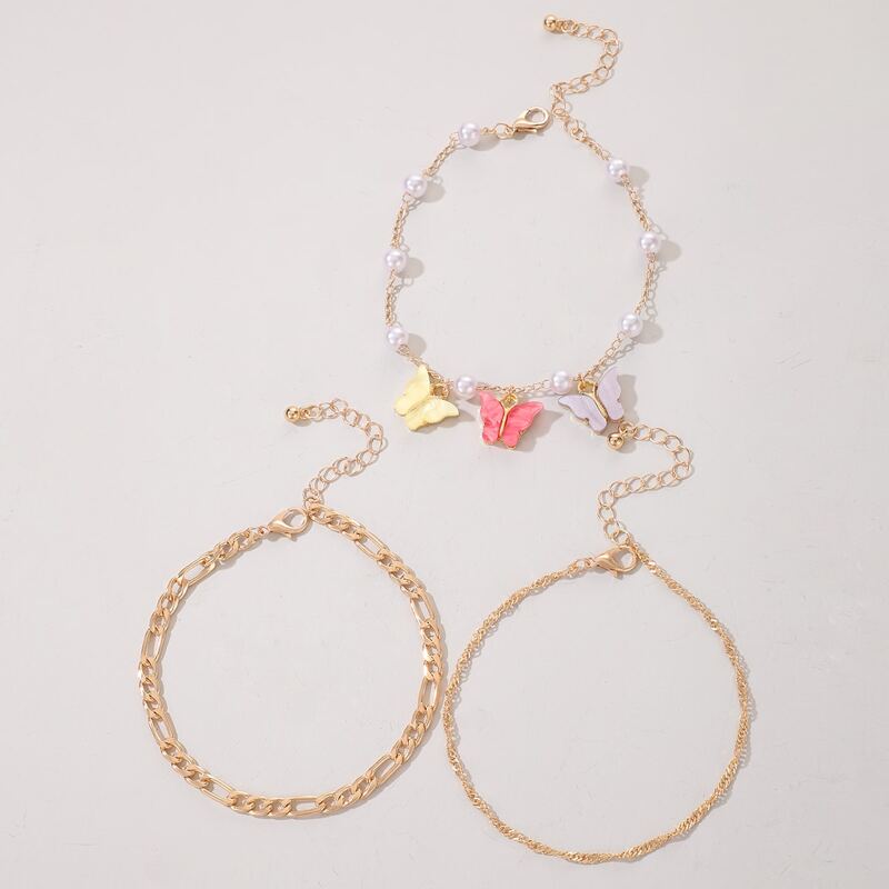 

3pcs Butterfly & Faux Pearl Chain Anklet, Gold
