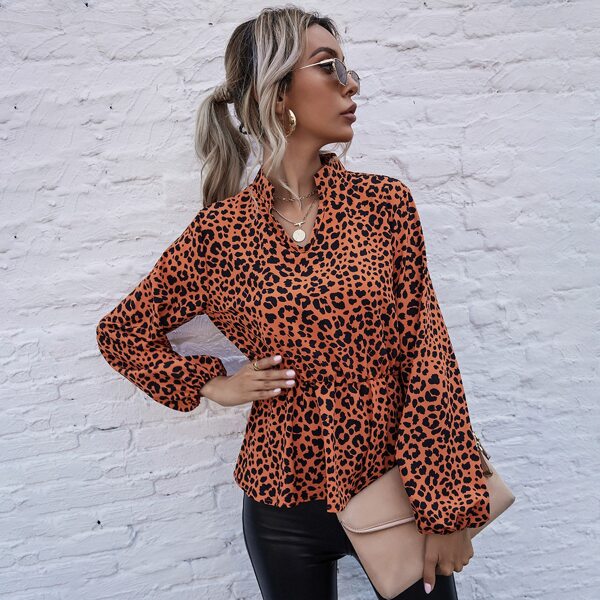 

Leopard Notched Neck Peplum Blouse, Multicolor