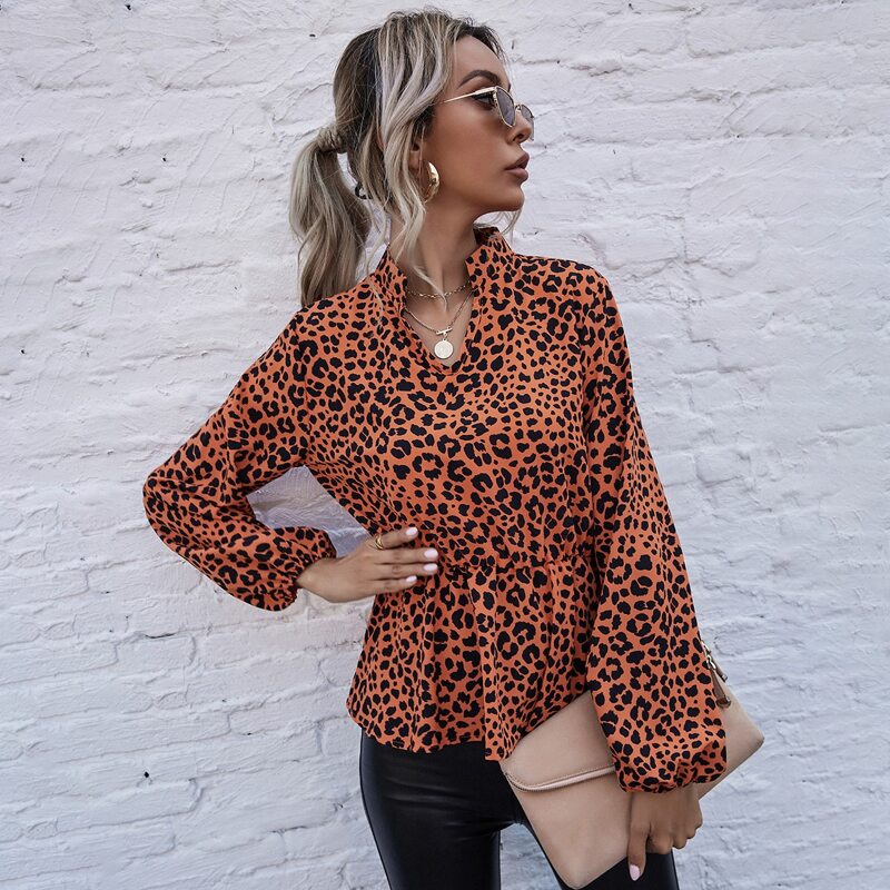 

Leopard Notched Neck Peplum Blouse, Multicolor