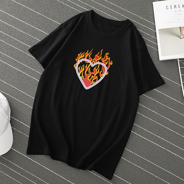 

Men Heart & Fire Print Tee, Black