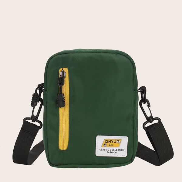 

Letter Patch Zip Front Crossbody Bag, Green