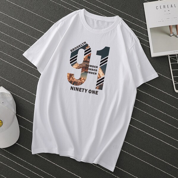 

Men Letter & Number Print Tee, White