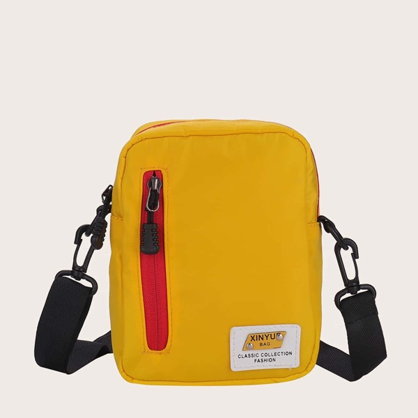 

Letter Patch Zip Front Crossbody Bag, Yellow