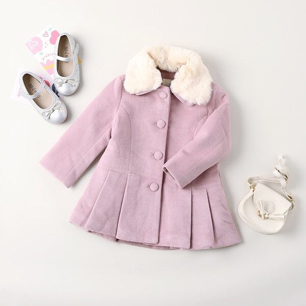 

Toddler Girls Contrast Faux Fur Collar Pleated Hem Overcoat, Lilac purple