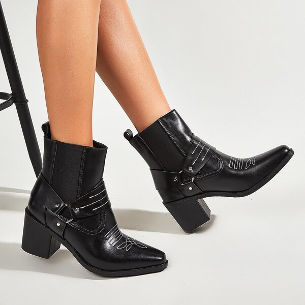 

Stitch Detail Chunky Heeled Boots, Black