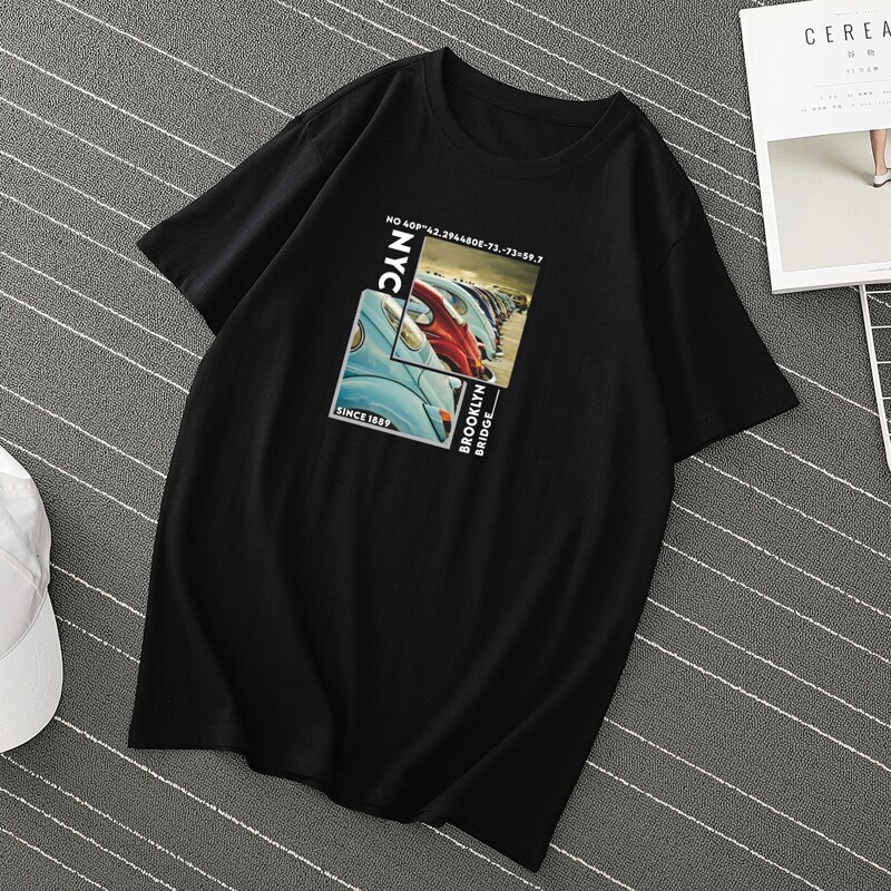 

Men Letter & Car Print Tee, Black