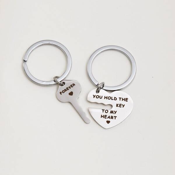 

1pair Heart Pendant Couple Keychain, Silver