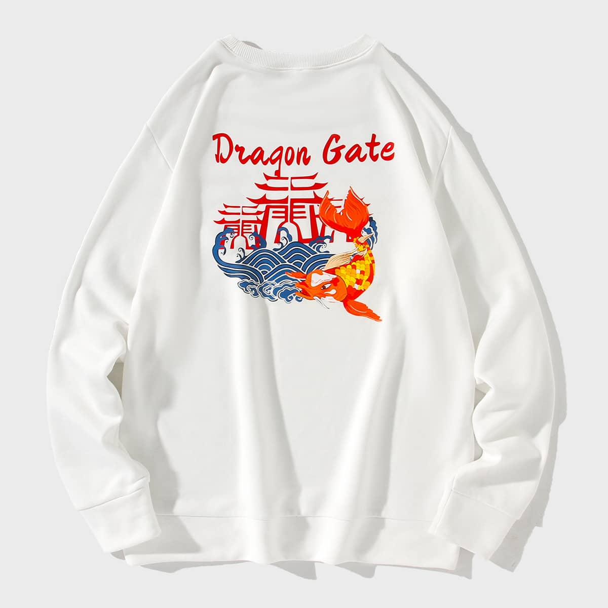 

Guys Carp Jumping And Letter Graphic Sweatshirt, White