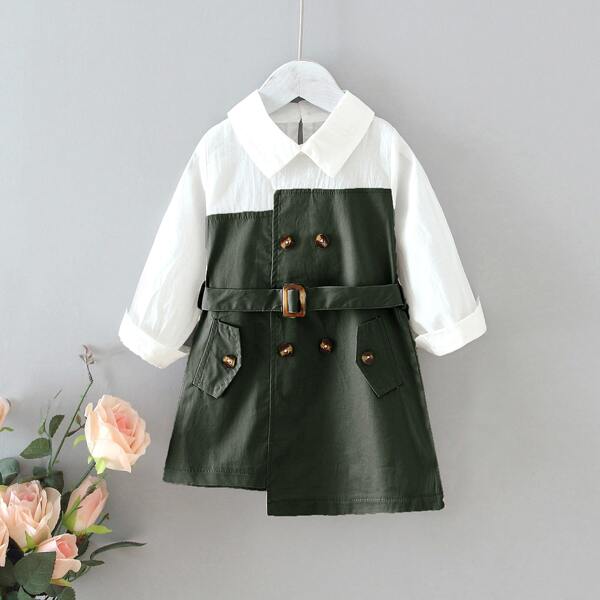 

Toddler Girls Contrast Panel Double Breasted Belted Dress, Army green