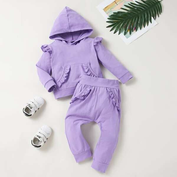 

Baby Girl Ruffle Trim Hooded Sweatshirt & Sweatpants, Violet purple