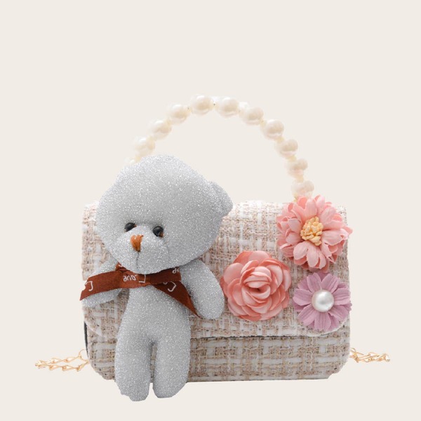 

Girls Flower Decor Faux Pearl Handle Satchel Bag, Beige