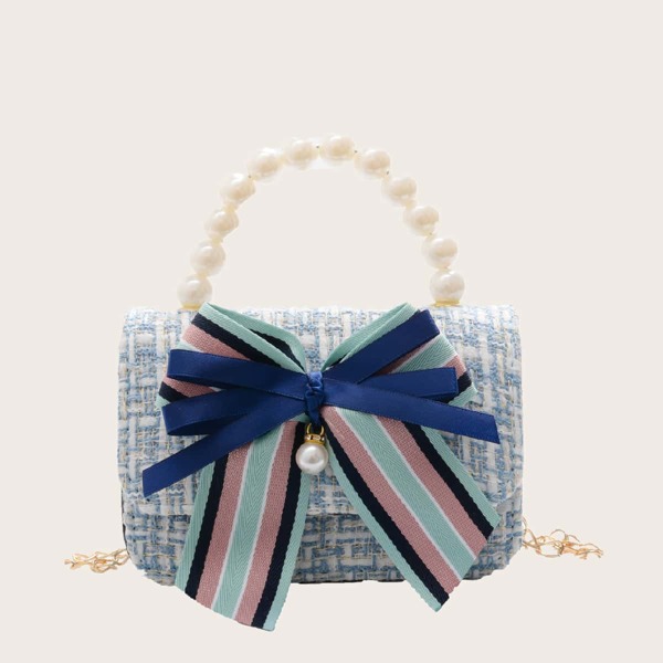

Girls Bow Decor Faux Pearl Handle Satchel Bag, Blue