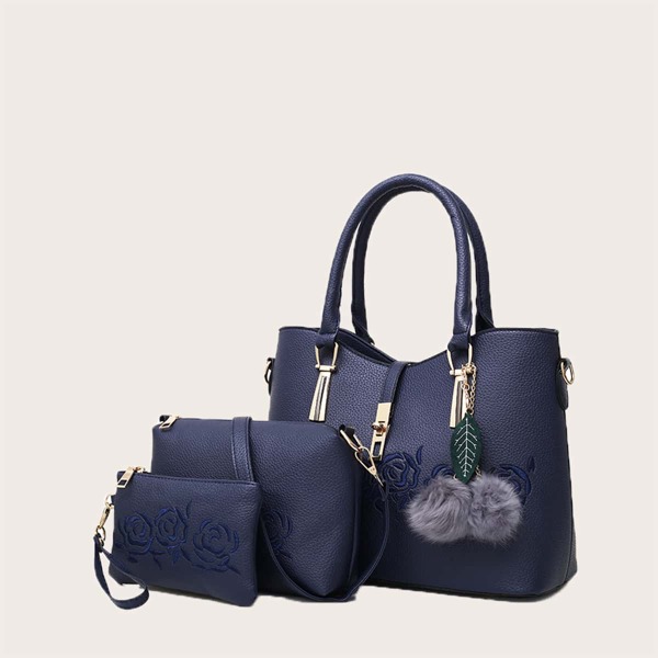 

3pcs Pom Pom Decor Flower Embroidered Tote Bag Set, Blue