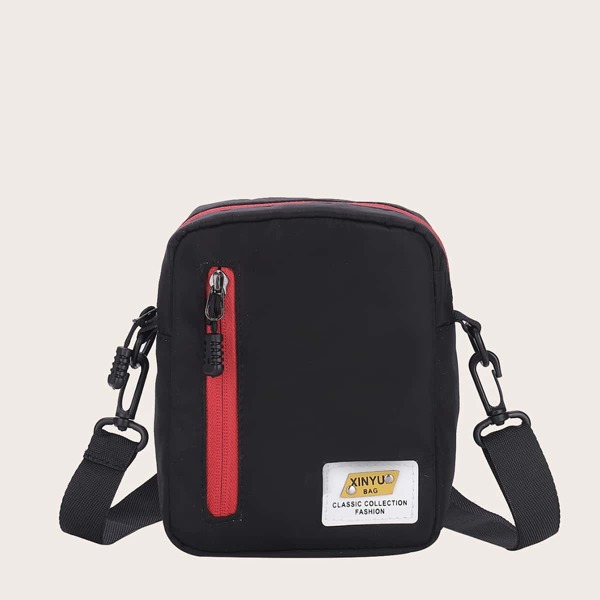 

Letter Patch Zip Front Crossbody Bag, Black