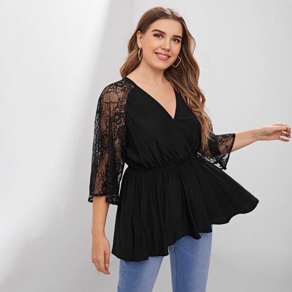 

Plus Contrast Lace Wrap Peplum Blouse, Black
