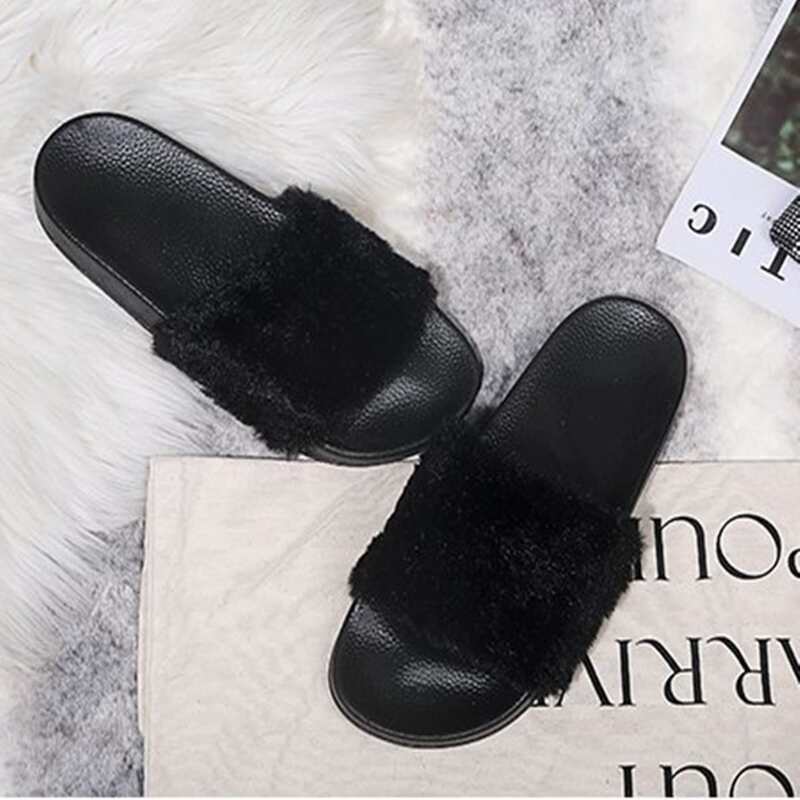 

Open Toe Faux Fur Decor Slides, Black