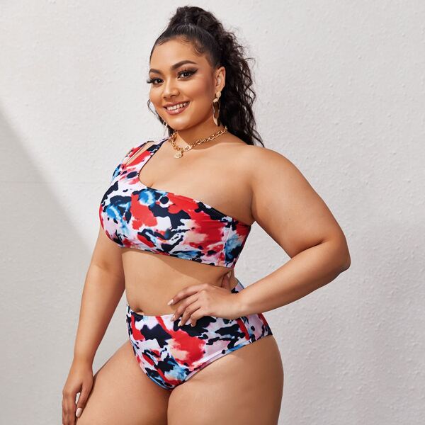 

Plus Tie Dye Cut-out One Shoulder Bikini Swimsuit, Multicolor