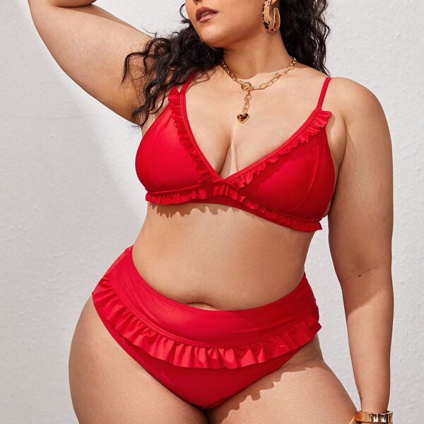 

Plus Frill Trim Triangle Bikini Swimsuit, Red