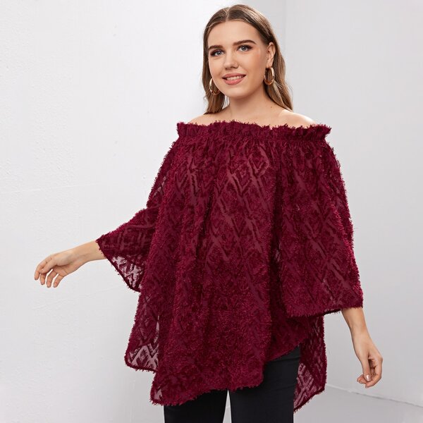 

Plus Asymmetrical Hem Bardot Blouse, Burgundy