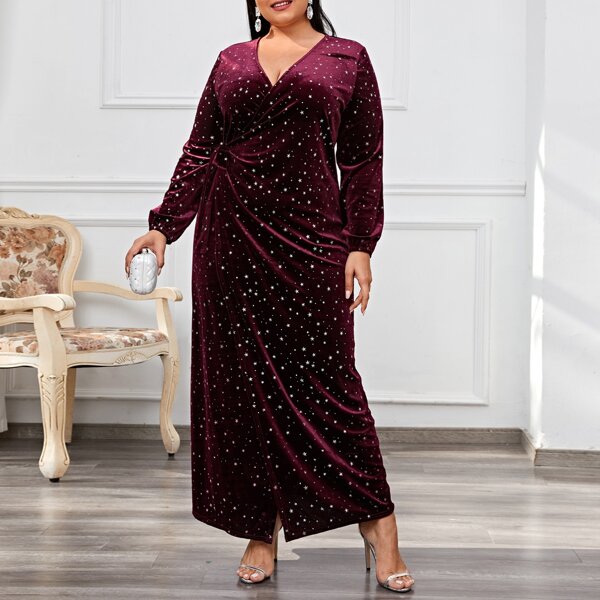 

Plus Galaxy Print Tie Side Velvet Dress, Maroon