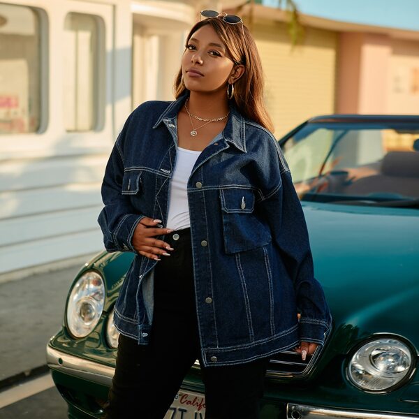 

Plus Dark Wash Drop Shoulder Flap Pocket Denim Jacket