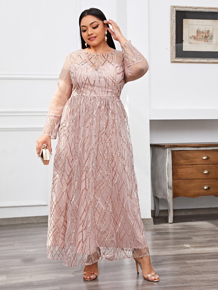 knee length dresses for ladies Plus Size Off Shoulder Mesh Layer On Waist Sequin Dresses Purple / 1XL