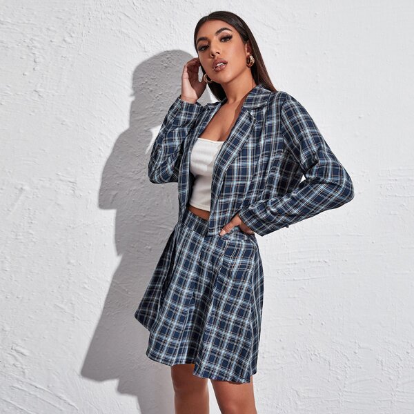 

Open Front Crop Plaid Blazer & Skirt, Navy blue