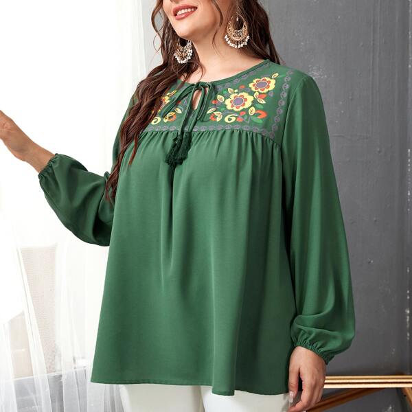 

Plus Floral Print Tie Neck Blouse, Green