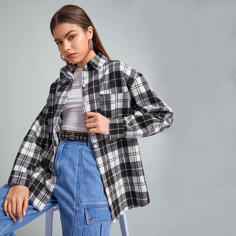 

Plaid Button Front Pocket Blouse, Black and white