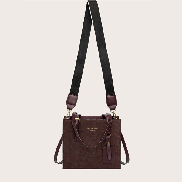 

Letter Graphic Croc Embossed Shoulder Bag, Coffee brown