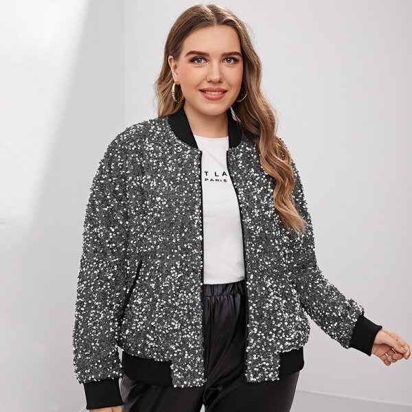 

Plus Zip Up Sequin Bomber Jacket, Silver