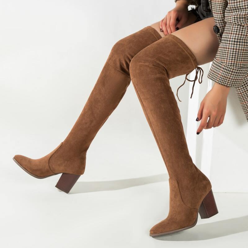 

Minimalist Tie Back Chunky Heeled Sock Boots, Brown
