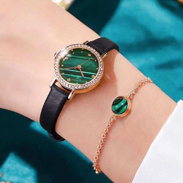 

1pc Rhinestone Decor Round Pointer Quartz Watch With 1pc Bracelet