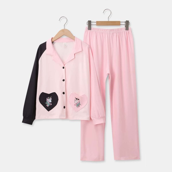 

Girls Colorblock Cartoon Graphic Pajama Set, Baby pink