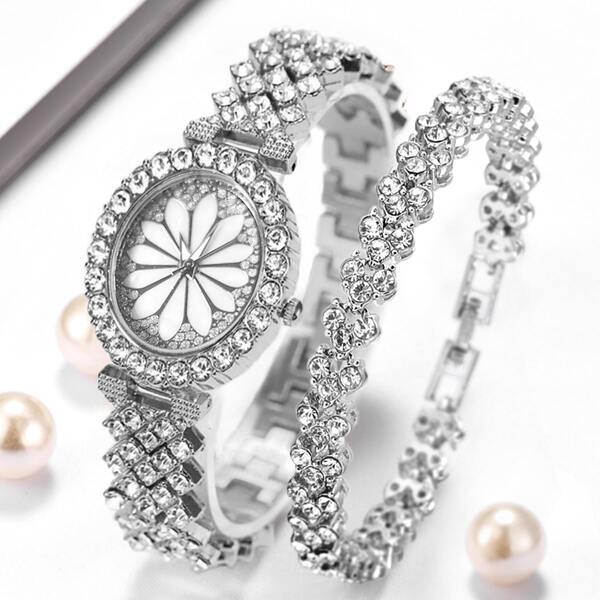

1pc Floral Dial Rhinestone Decor Quartz Watch With 1pc Bracelet