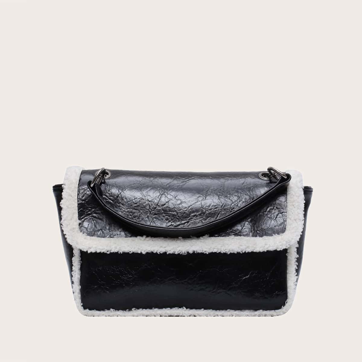 

Fluffy Trim Flap Shoulder Bag, Black