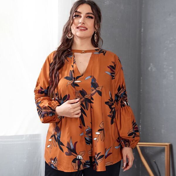 

Plus Plants Print Peekaboo Blouse, Burnt orange