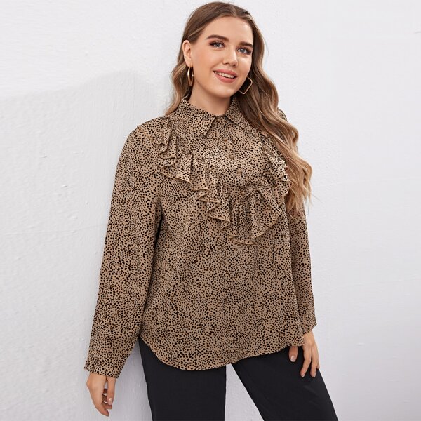 

Plus Ruffle Trim Dalmatian Print Blouse, Khaki