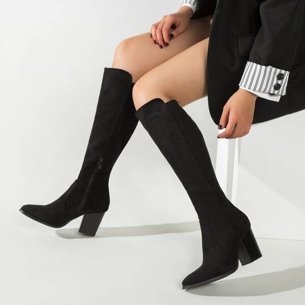 

Minimalist Side Zipper Chunky Heeled Boots, Black